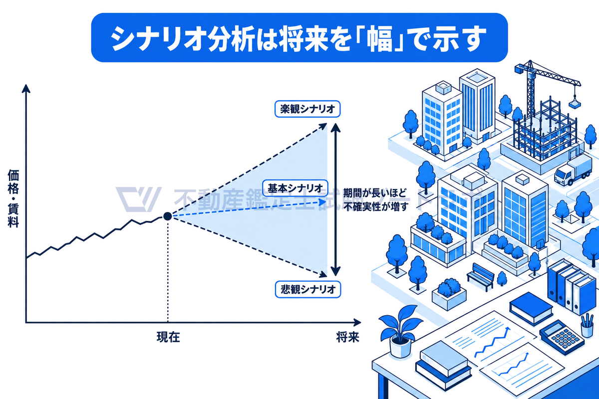 シナリオ分析を、現在から将来へ広がる3本の予測線で示した図。楽観・基本・悲観の3つのシナリオを設定し、予測期間が長くなるほど幅が広がって不確実性が増すことを、扇形に開くグラフと街の情景で表している。