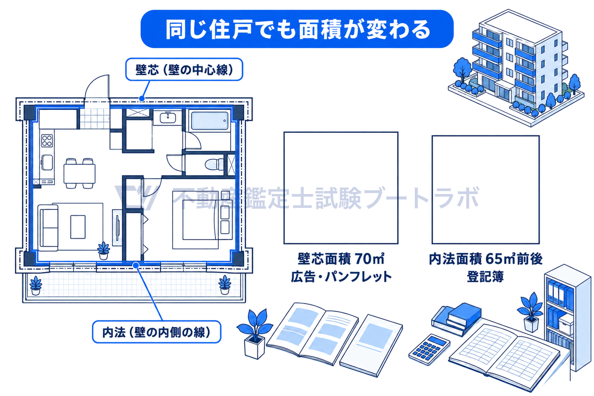 住戸1戸の平面図で壁の中心線(壁芯)と壁の内側の線(内法)を示し、広告などの壁芯面積70平方メートルに対して登記簿の内法面積は65平方メートル前後になることを、面積に比例した2つの正方形で比べた図。