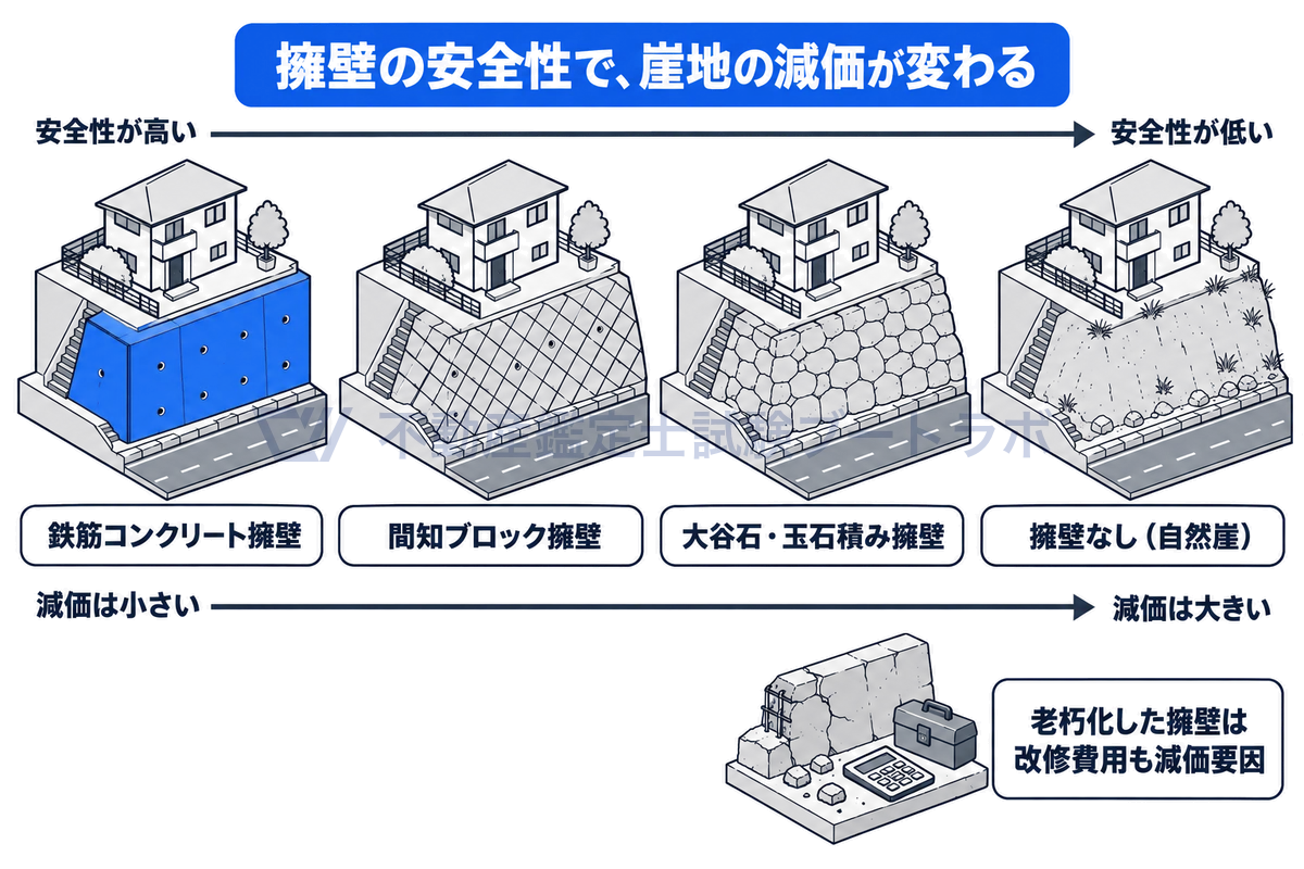 鉄筋コンクリート擁壁、間知ブロック擁壁、大谷石・玉石積み擁壁、擁壁のない自然崖の4つを左から並べ、安全性が下がるほど崖地による減価が大きくなることを上下の矢印で示した図。老朽化した擁壁は改修費用も減価要因になる。