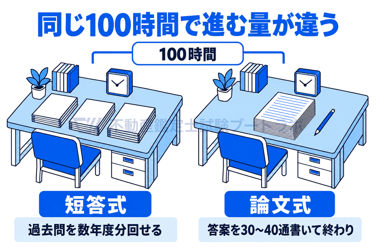 同じ100時間を表す置き時計を置いた2つの机を並べ、短答式では過去問の冊子の山を数年度分回せるのに対し、論文式では答案用紙30〜40通の束で終わることを線画で対比した図。論文式は時間あたりの進み方が小さい。