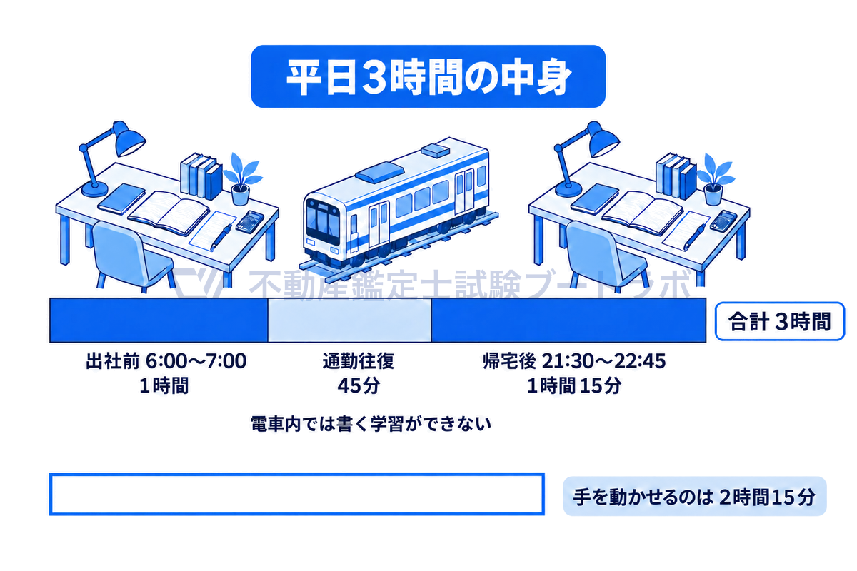 平日3時間の内訳を出社前1時間・通勤往復45分・帰宅後1時間15分の長さどおりの帯で示し、机と電車の線画を添えて、電車内の45分を除くと実際に手を動かせるのは2時間15分であることを下の帯で示した図。
