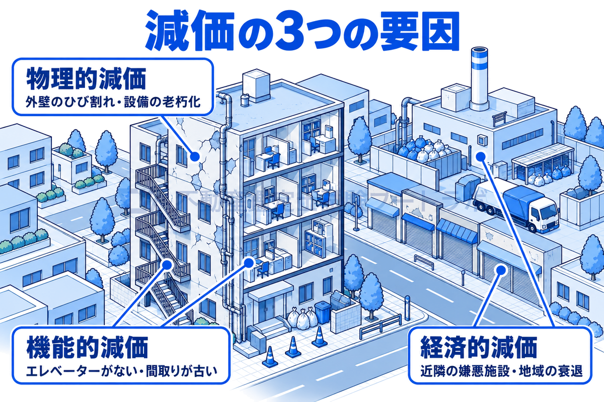 通りに建つ1棟の古い中層ビルを中心に、外壁のひび割れや設備の老朽化(物理的減価)、エレベーターがないことや古い間取り(機能的減価)、向かいの嫌悪施設や閉じた店が並ぶ地域の衰退(経済的減価)を描き分けた図。