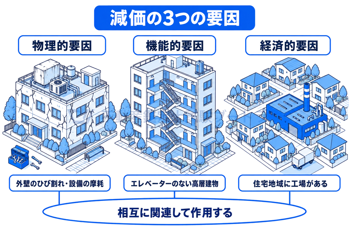 減価の3つの要因を街の場面で示した図。外壁のひび割れや設備の摩耗は物理的要因、エレベーターのない高層建物は機能的要因、住宅地域に工場がある場合は経済的要因にあたり、3つは相互に関連して作用する。