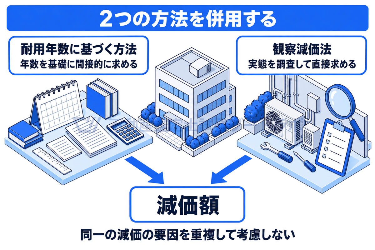 減価修正の2つの方法を併用する場面の図。左は経過年数と経済的残存耐用年数を基礎に間接的に減価額を求める耐用年数に基づく方法、右は各減価の要因の実態を調査して直接求める観察減価法で、両者を合わせて減価額を求める。