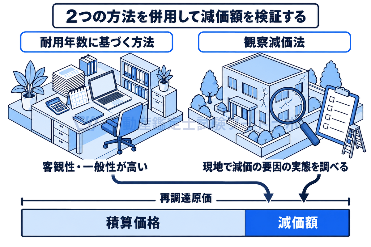 机の上で電卓と資料を使う耐用年数に基づく方法と、現地で建物を虫めがねと点検表で調べる観察減価法の2つの場面から、矢印が減価額に合流する図。下の帯で、再調達原価から減価額を控除した残りが積算価格になることを示している。