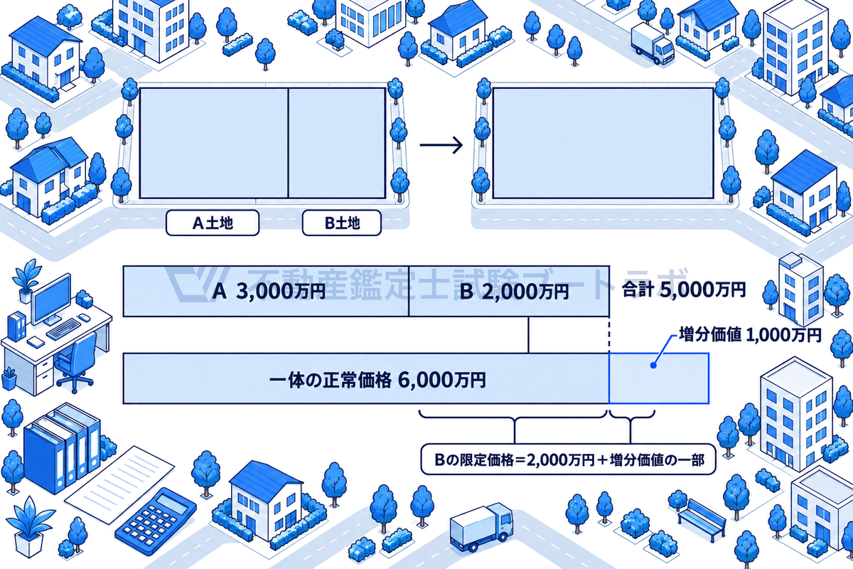 隣接するA土地3,000万円とB土地2,000万円の合計5,000万円に対し、併合後の一体の正常価格が6,000万円になる場合、差額1,000万円が増分価値であり、AがBを取得する限定価格はBの2,000万円に増分価値の一部を加えた額になることを、金額に比例した帯で示した図。
