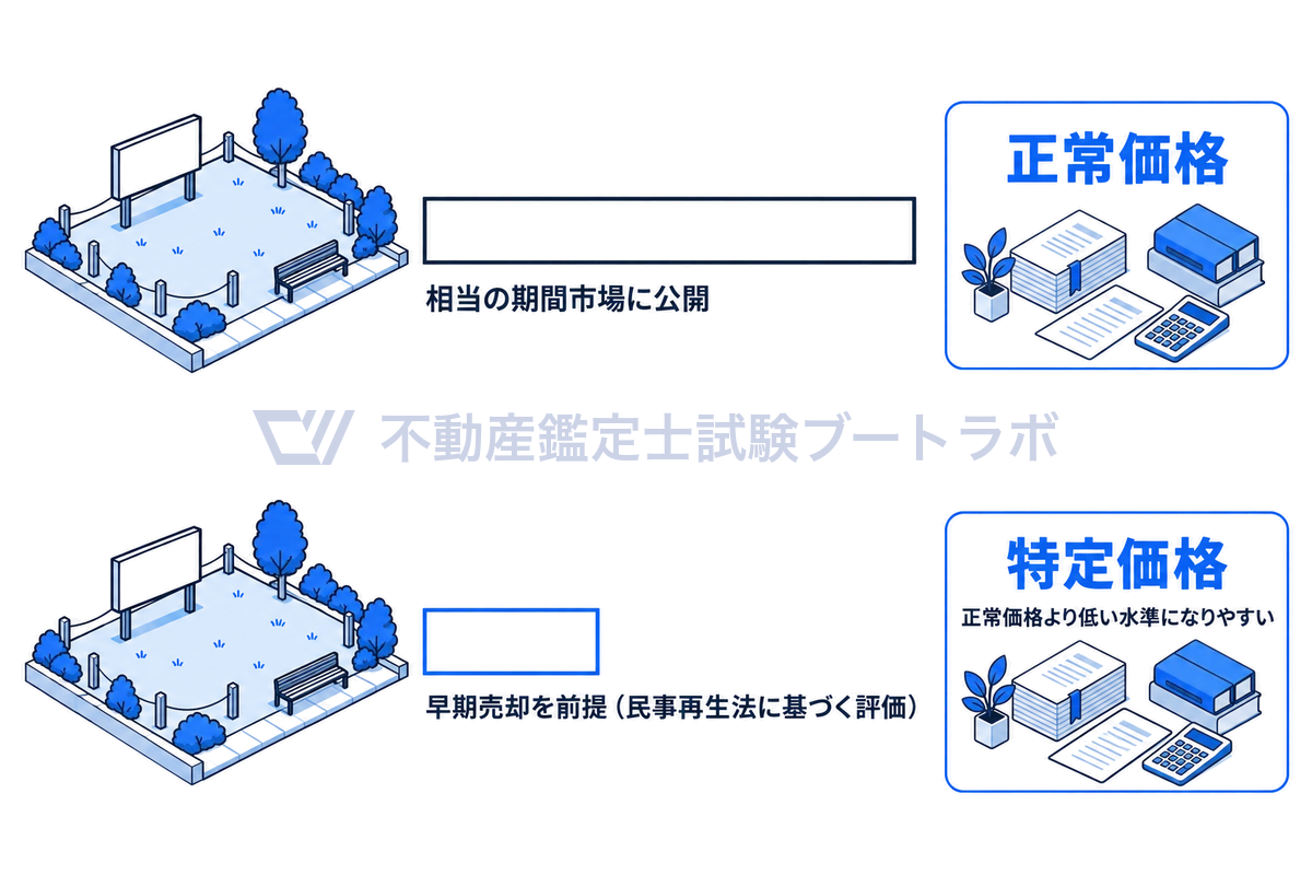 売地の看板が立つ区画を上下に並べ、相当の期間市場に公開して求める正常価格と、民事再生法に基づき早期売却を前提として求める特定価格を、公開期間の帯の長さで比べた図。早期売却では十分な需要者の参加が見込めず、正常価格より低い水準になりやすい。