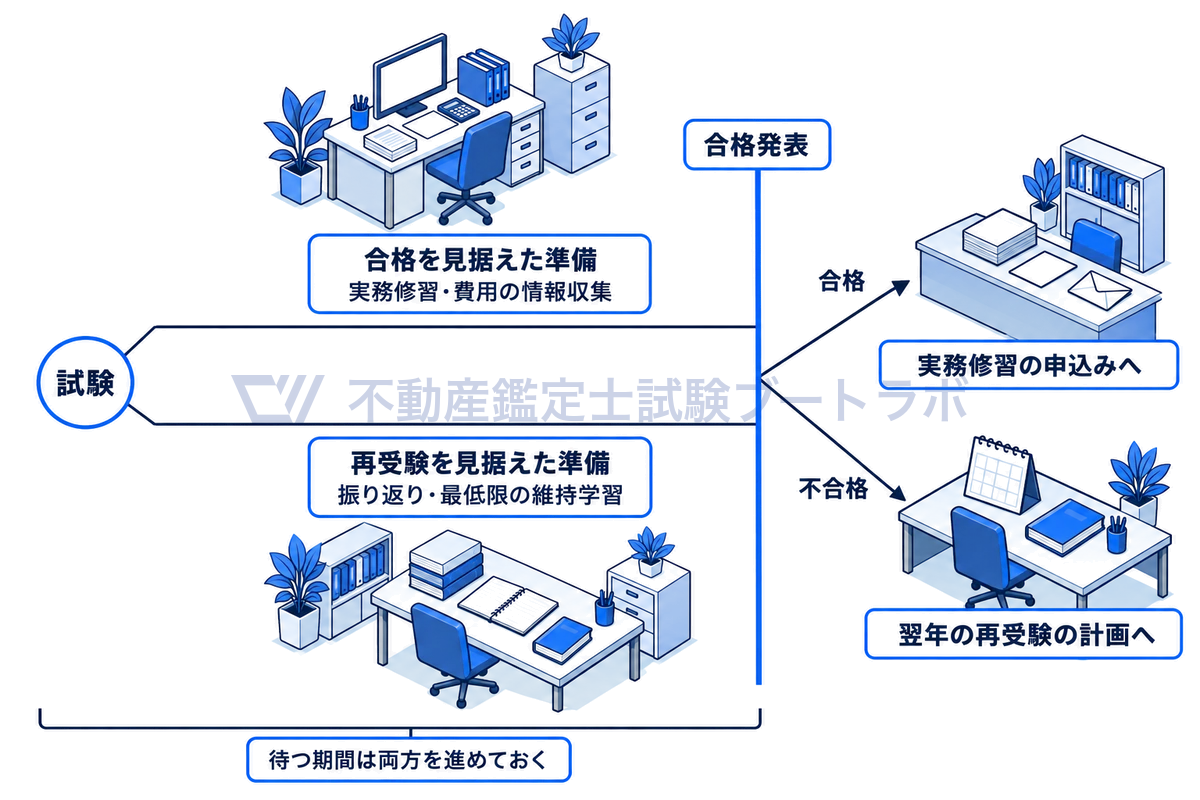 試験から合格発表までの待つ期間に、合格を見据えた準備と再受験を見据えた準備の2本を並行して進め、発表日に分かれて、合格なら実務修習の申込みへ、不合格なら翌年の再受験計画へ移る流れを示した図。