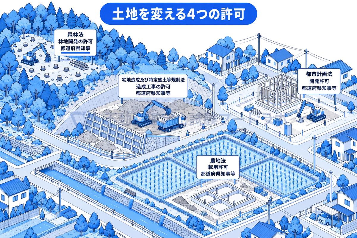 土地の形を変える4つの許可を一つの風景に置いた図。造成中の宅地は都市計画法の開発許可、斜面の盛土は宅地造成及び特定盛土等規制法の許可、田んぼの転用は農地法の許可、森の切り開きは森林法の林地開発の許可。森林法だけ許可権者は都道府県知事。