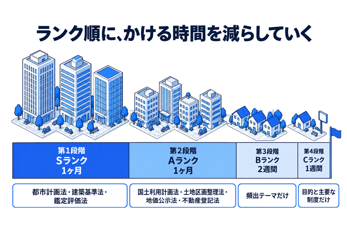 行政法規の4段階の学習計画を時間軸で示した図。第1段階はSランク3法令に1ヶ月、第2段階はAランク4法令に1ヶ月、第3段階はBランクの頻出テーマだけに2週間、第4段階はCランクの目的と主要な制度だけに1週間をかける。
