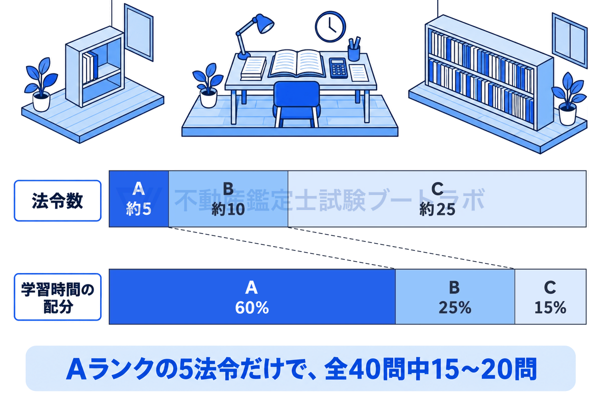 行政法規の約40法令をA・B・Cの3ランクに分け、法令数の割合（約5・約10・約25）と学習時間の配分（60%・25%・15%）を同じ長さの2本の帯で上下に並べた図。数の少ないAランクに時間の大半を割く配分が一目でわかる。