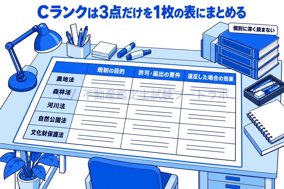 机の上に、Cランクの法令を行に、規制の目的・許可や届出の要件・違反した場合の効果の3点を列にとった1枚の一覧表を置き、横に積まれた分厚い法令集と対比した図。Cランクは個別に深く読まず3点だけを1枚にまとめることを示している。