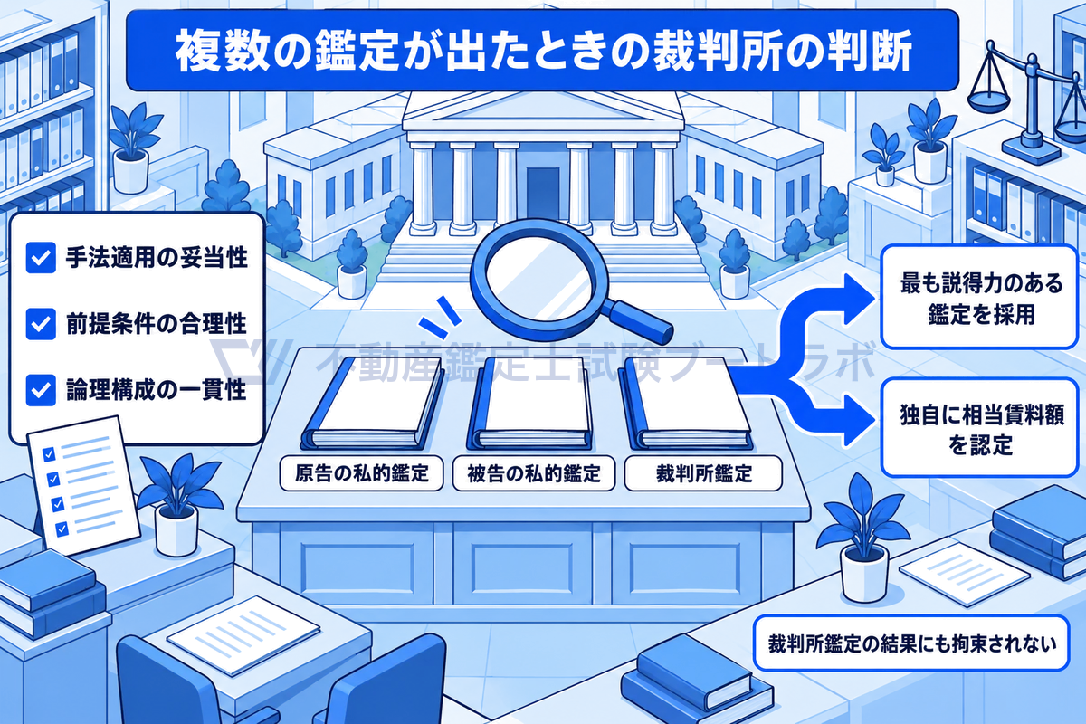 賃料増減額請求訴訟で原告・被告の私的鑑定と裁判所鑑定が出そろった場面をアイソメで描いた図。裁判所は手法適用の妥当性や前提条件の合理性などを比べ、最も説得力のある鑑定を採るか独自に相当賃料額を認定し、裁判所鑑定にも拘束されない。