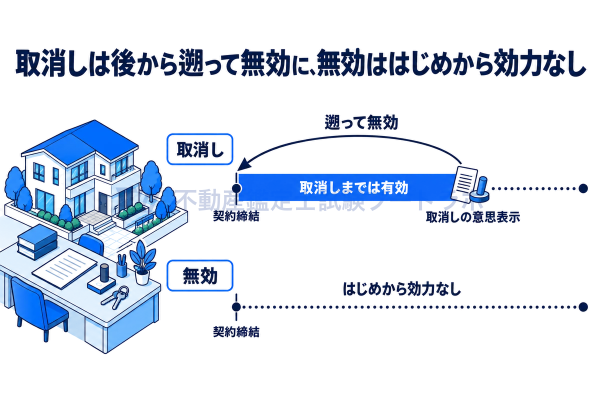 取消しと無効の違いを上下2本の時間軸で比べた図。取消しは取消しの意思表示までは有効で、意思表示によって契約時まで遡って無効になる。無効は契約締結のはじめから効力がないことを、家と売買契約書の情景とともに示す。