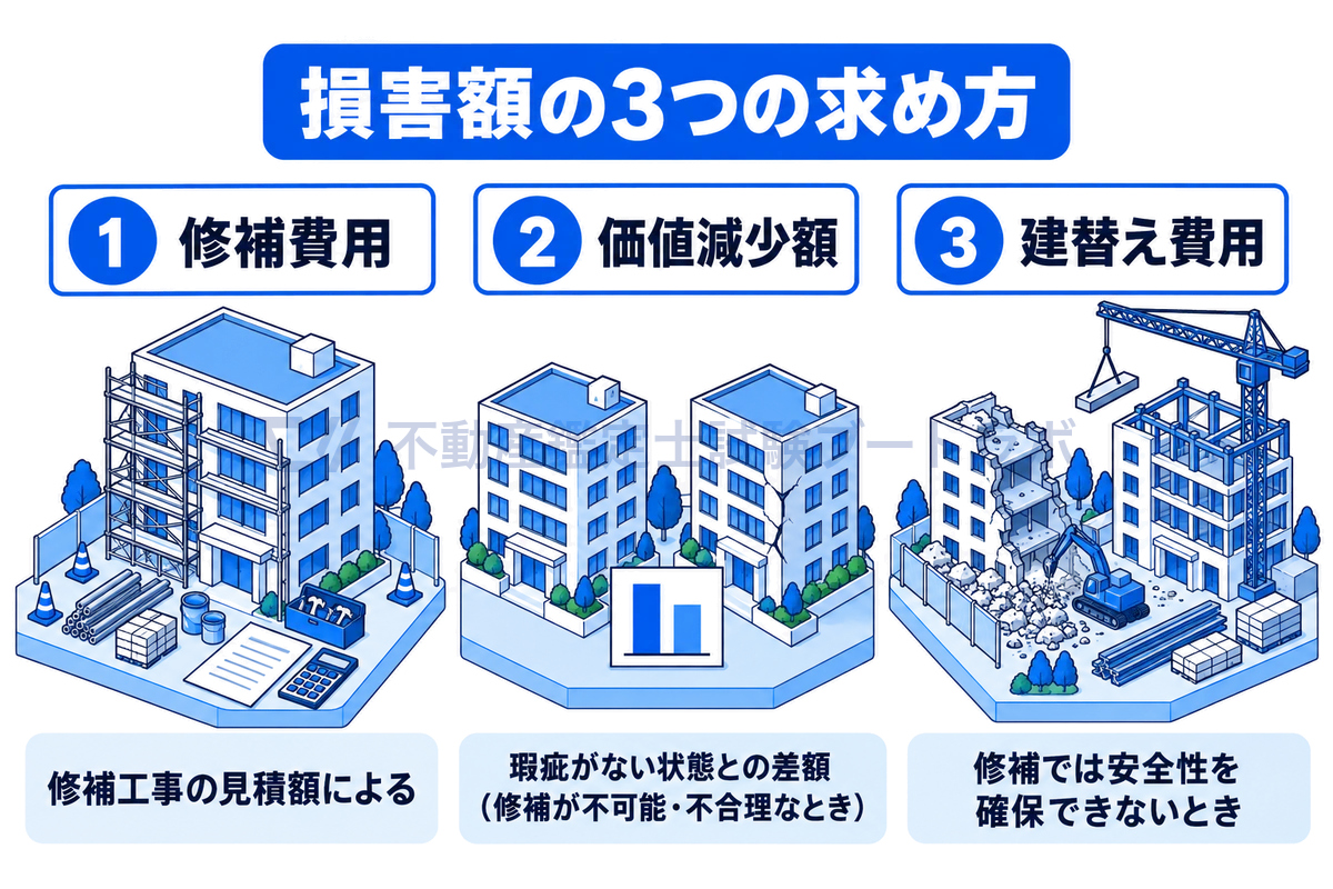 建物の構造的瑕疵の損害額の3つの求め方を示す図。足場を組んで直す修補費用、瑕疵がない状態との差額をみる価値減少額、修補では安全性を確保できないときの建替え費用を、同じ建物の3つの場面で示している。