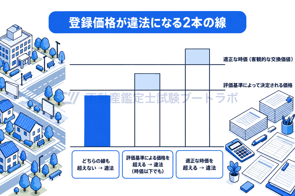 固定資産税の登録価格が違法になる2本の線を示した図。登録価格が適正な時価（客観的な交換価値）を上回れば違法となり、適正な時価以下であっても評価基準によって決定される価格を上回れば違法となることを、3本の棒で比べている。