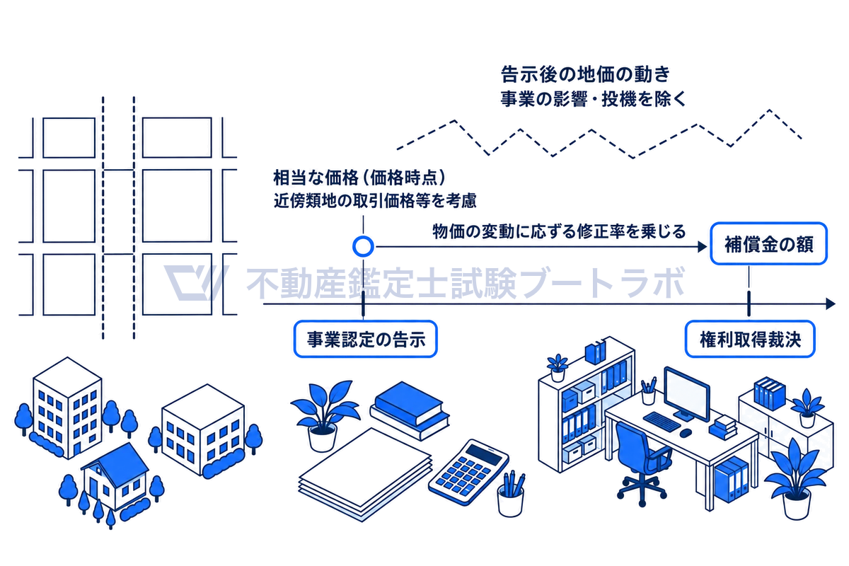 事業認定の告示から権利取得裁決までの時間軸に、告示時の相当な価格を価格時点として固定し、物価の変動に応ずる修正率を掛けて補償金の額を出す土地収用法71条の流れを示した図。告示後の事業の影響や投機による地価の動きは算定から除かれる。