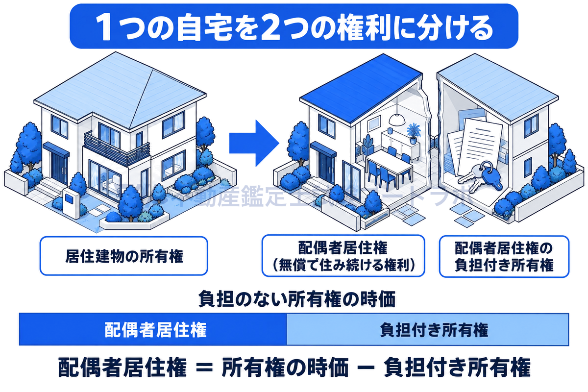 1軒の自宅の価値が、配偶者が無償で住み続ける権利である配偶者居住権と、その負担がついた所有権の2つに分かれ、配偶者居住権の価値は負担のない所有権の時価から負担付き所有権を引いて求めることを示した図。