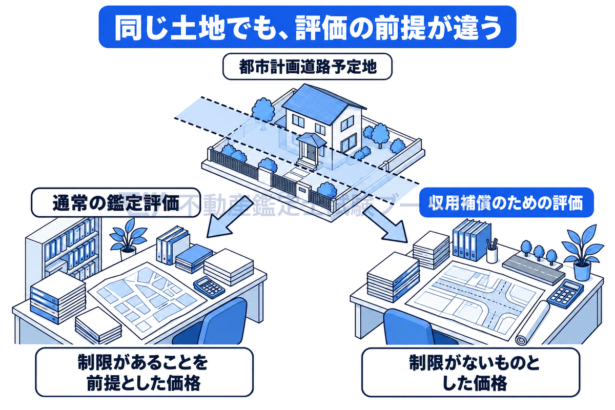 都市計画道路予定地にかかる同じ土地でも、通常の鑑定評価では都市計画制限があることを前提とした価格を求め、収用補償のための評価では制限がないものとした価格を求めるという、評価の前提の違いを示した図。