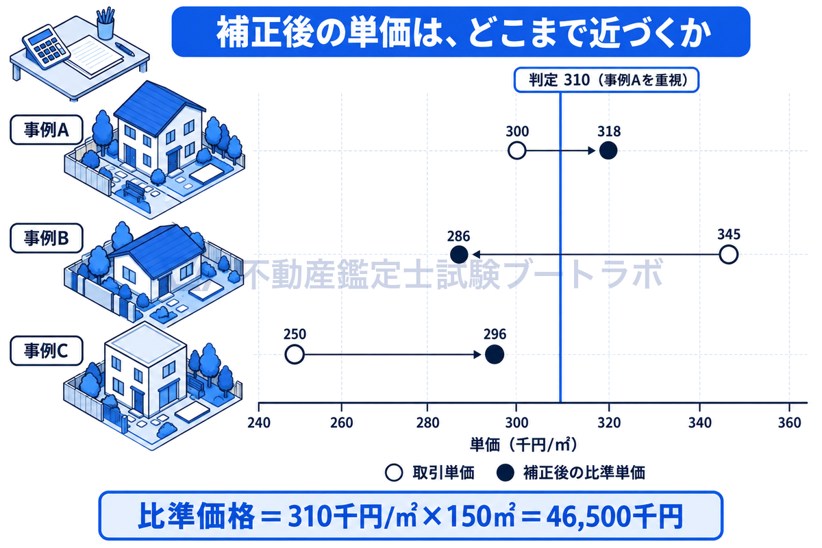 3つの事例の取引単価が補正後にどう動くかを、横軸に単価をとって白丸と黒丸で示した図。取引単価は250〜345千円/㎡と散らばるが、補正後は286〜318千円/㎡に近づき、事例Aを重視して310千円/㎡と判定する。