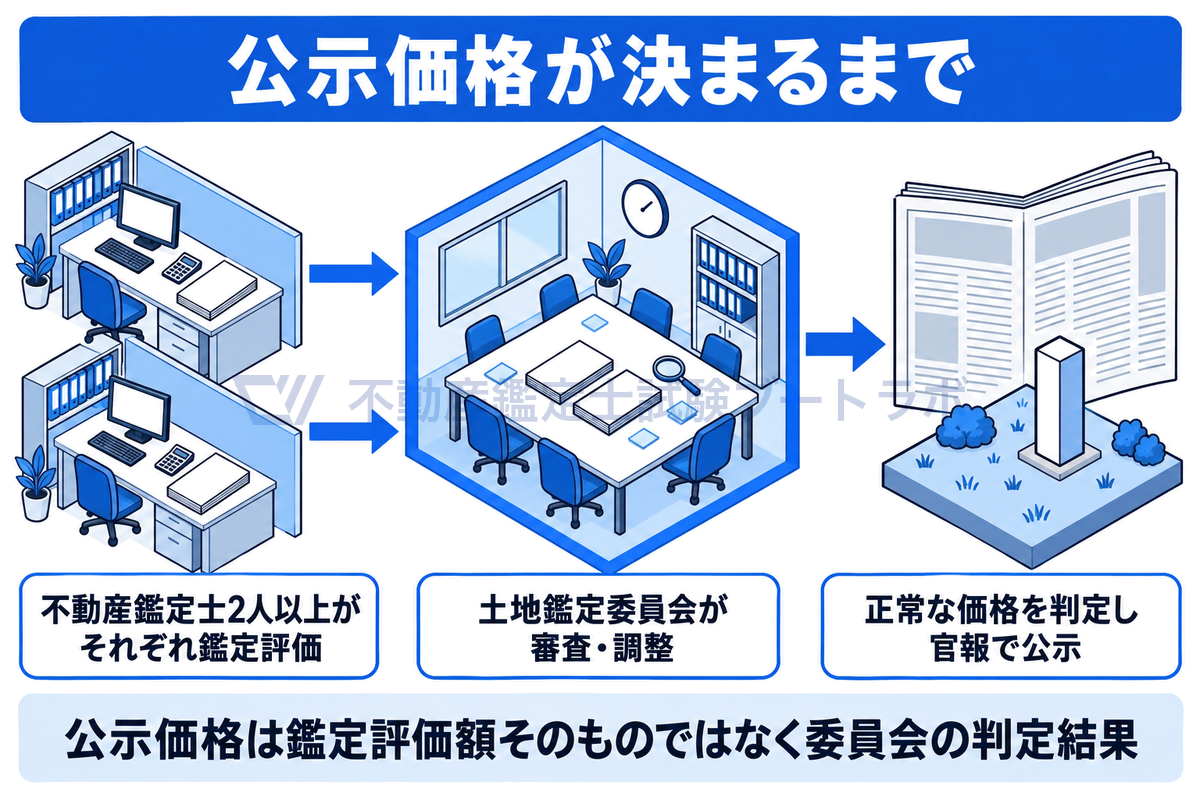 左で2人以上の不動産鑑定士がそれぞれ別の机で独立に鑑定評価を行い、中央の土地鑑定委員会がその結果を審査・調整して正常な価格を判定し、右で官報に公示される流れを示した図。公示価格は委員会の判定結果である。