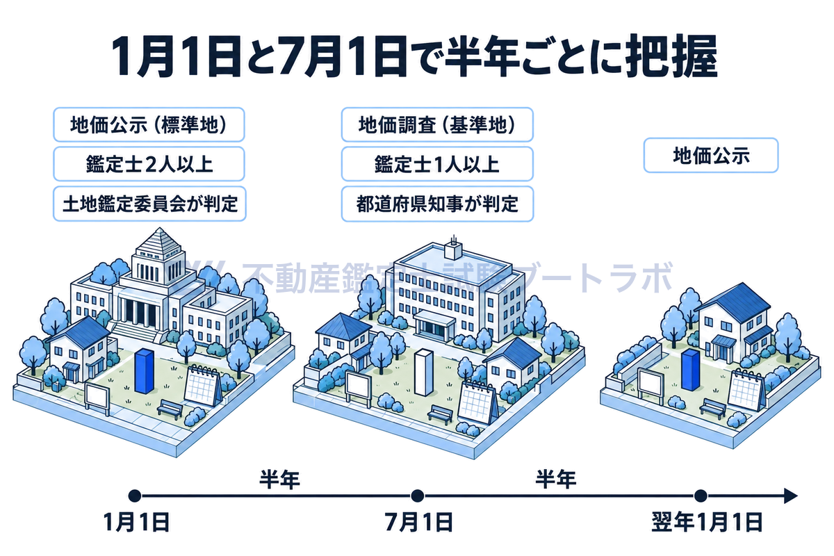 1月1日、7月1日、翌年1月1日を等間隔に並べた時間軸に、地価公示（標準地・鑑定士2人以上・土地鑑定委員会が判定）と地価調査（基準地・鑑定士1人以上・都道府県知事が判定）を交互に置き、半年ごとに地価をつかめることを示した図。