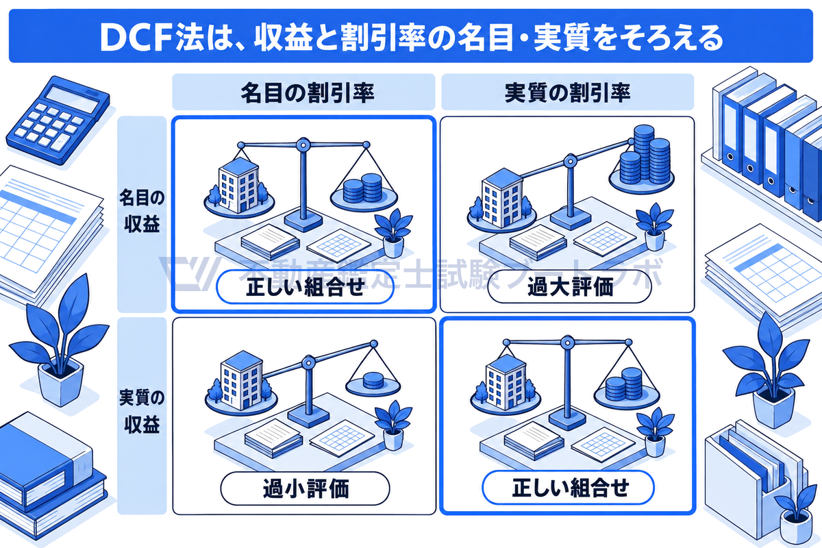 DCF法での収益と割引率の組合せを2×2で示した図。名目の収益と名目の割引率、実質の収益と実質の割引率は正しい組合せで、名目の収益を実質の割引率で割り引くと過大評価、実質の収益を名目の割引率で割り引くと過小評価になる。