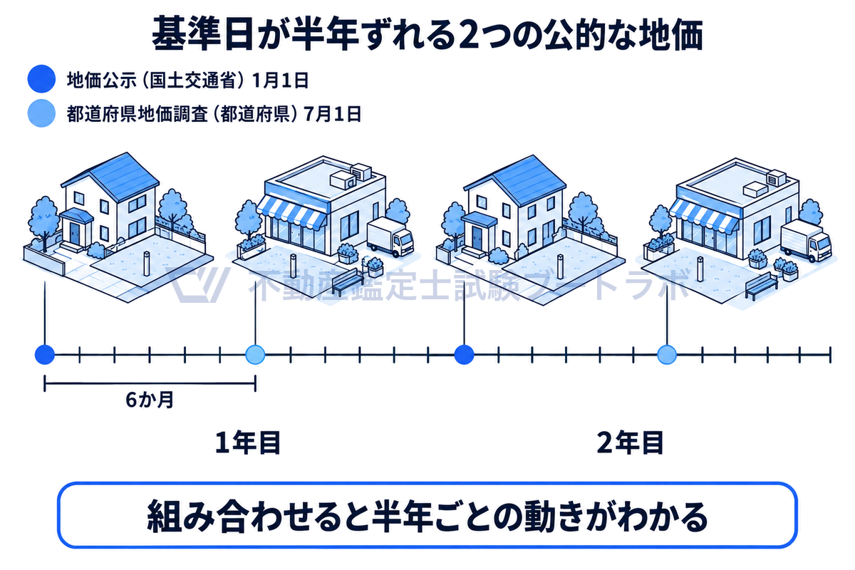 国土交通省の地価公示は毎年1月1日、都道府県地価調査は毎年7月1日を基準日としており、6か月ずつずれて交互に並ぶため、組み合わせると半年ごとの地価の動きがわかることを時間軸で示した図。