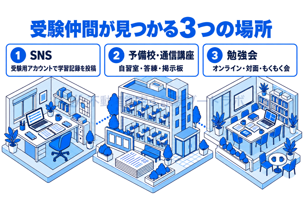 受験仲間を見つける3つの場所を小さな街の中に描いた図。自宅の机から使うSNS、自習室や答練、掲示板のある予備校・通信講座、オンラインや対面、もくもく会などの勉強会を点線の道でつないでいる。