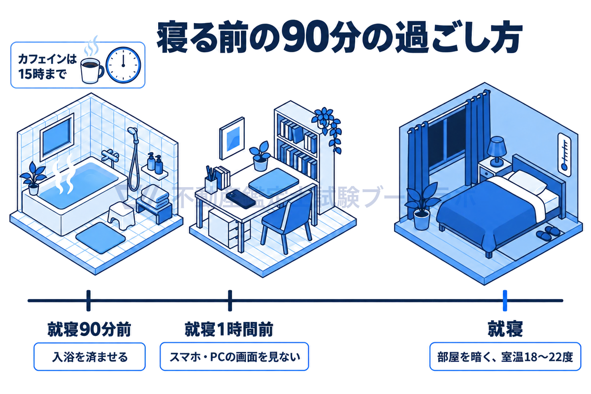 就寝前の過ごし方を時間軸で示した図。就寝90分前に入浴を済ませ、就寝1時間前からスマホやパソコンの画面を見ず、部屋を暗くして室温18〜22度で眠ることを、浴室や寝室の小さな情景とともに表している。カフェインは15時までと添えている。