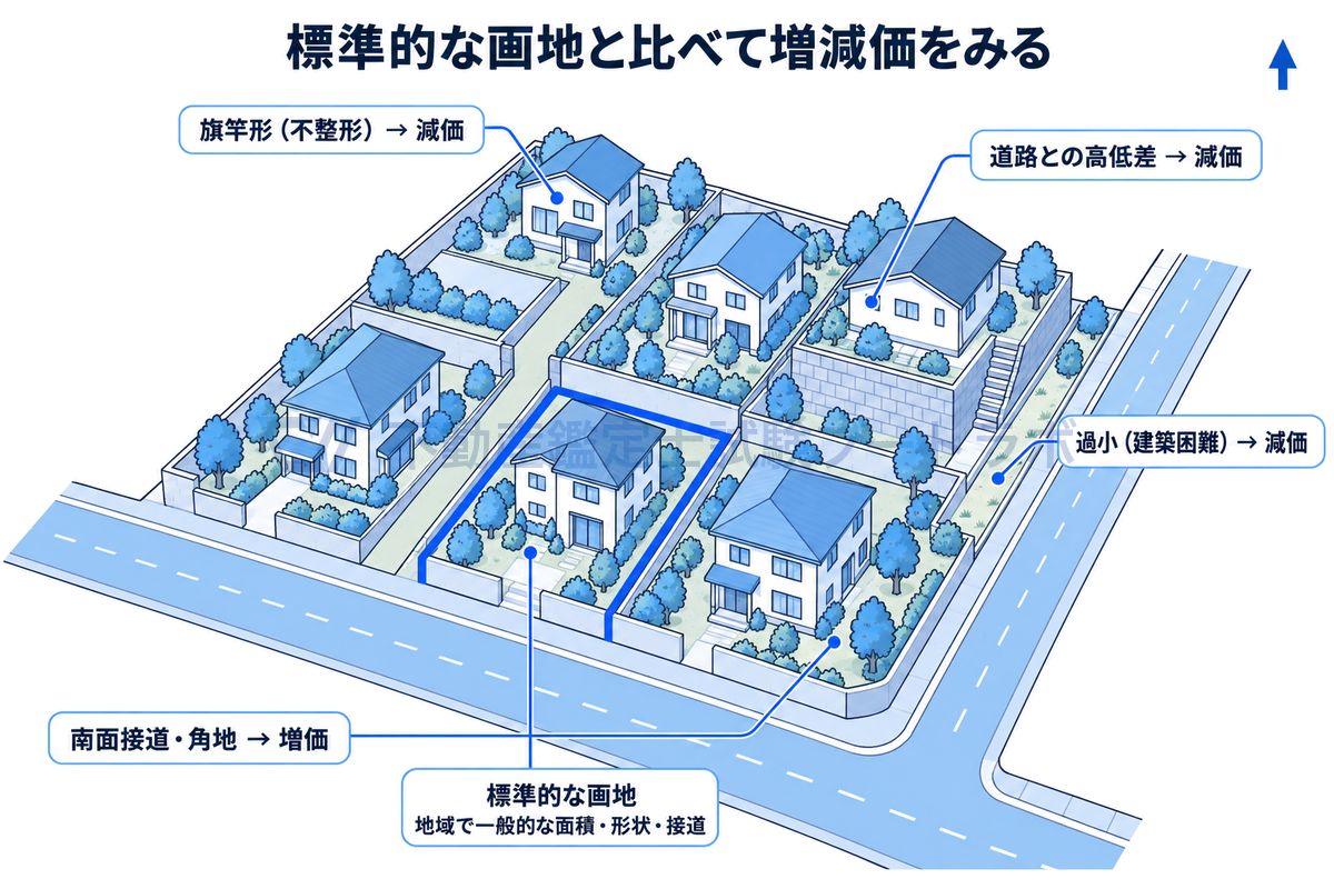 住宅街の1街区を斜め上から描き、中央の標準的な画地と比べて、南面接道の角地は増価、旗竿形の画地・道路との高低差がある画地・過小な画地は減価となる傾向を示した図。