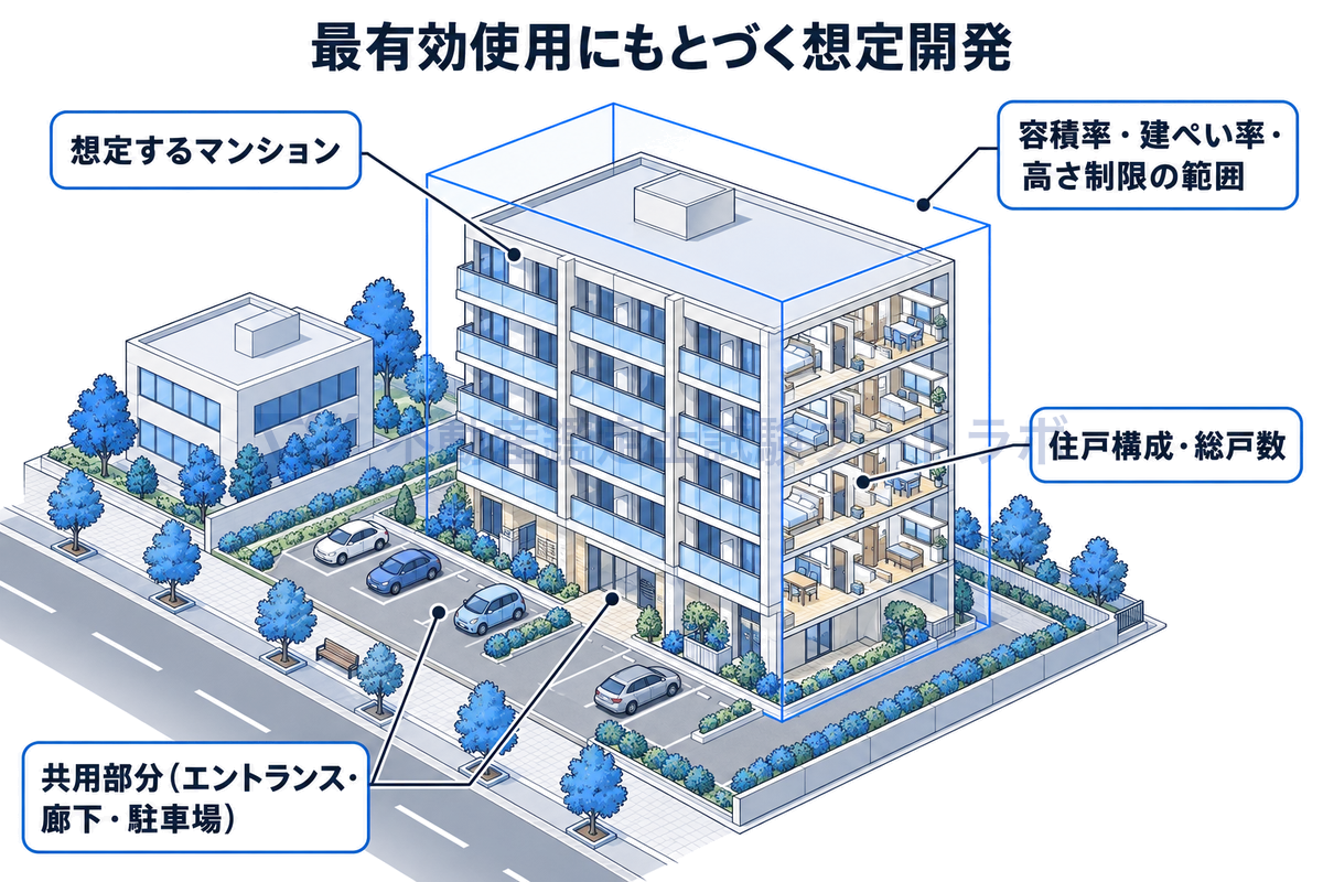 マンション用地での想定開発を示した図。更地の上に容積率・建ぺい率・高さ制限の範囲を示す透明な箱があり、その中に最有効使用にもとづく想定マンションが収まり、住戸構成と総戸数、エントランス・廊下・駐車場などの共用部分が引き出し線で示される。
