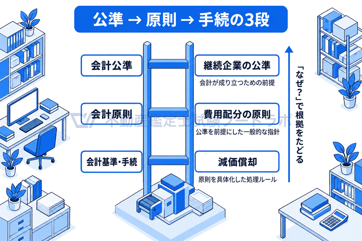 3段の梯子の線画の上段に継続企業の公準、中段に費用配分の原則、下段に減価償却を置き、梯子の足元に機械の線画を添えて、減価償却という手続から原則、公準へと「なぜ」で根拠をたどれることを示す図。