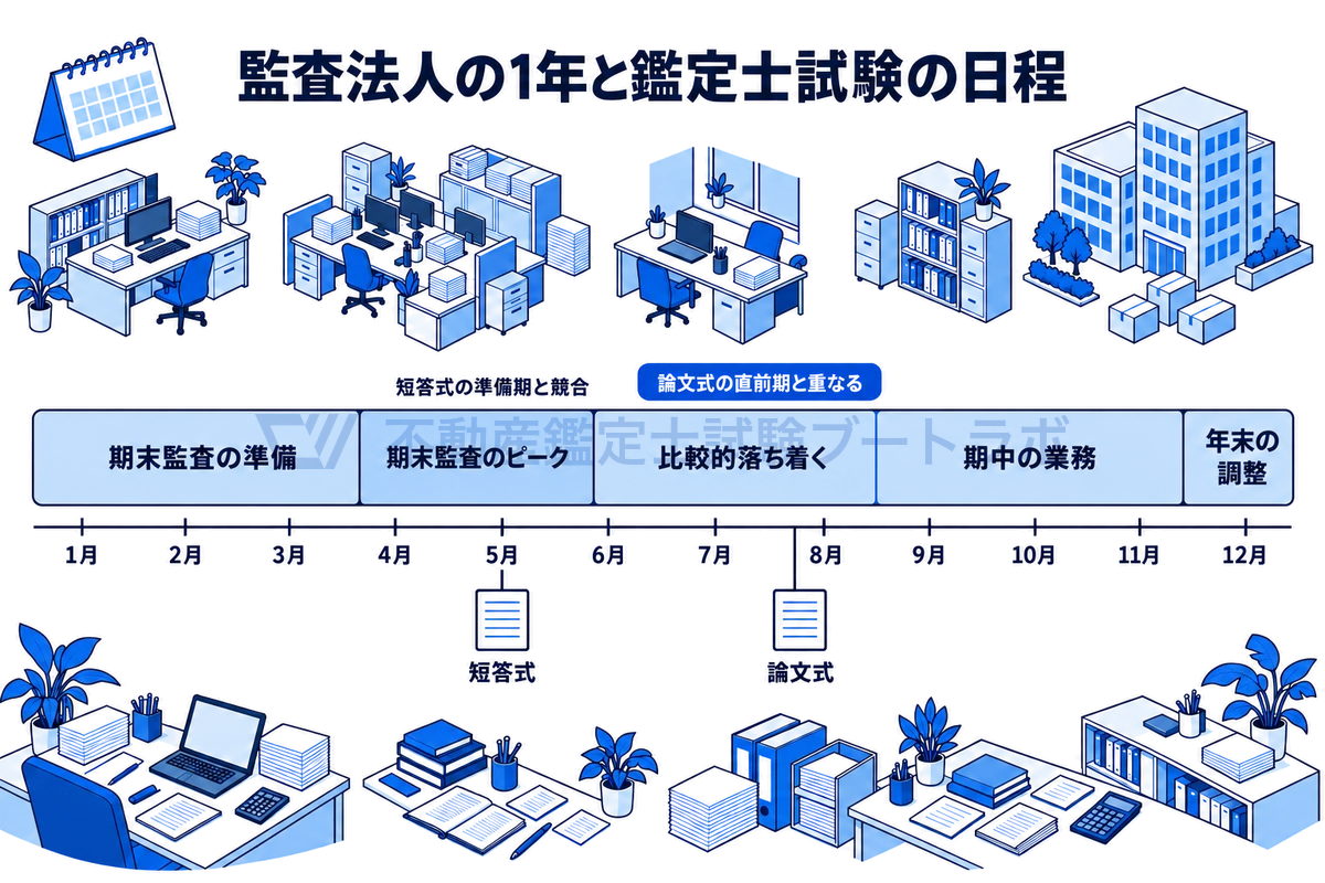 1æãã12æã®æšªè»žã«ã3ææ±ºç®ãäž»ã«æ
åœããç£æ»æ³äººã®æ¥åã®åž¯ïŒææ«ç£æ»ã®æºåã4ã5æã®ææ«ç£æ»ã®ããŒã¯ã6ã8æã®èœã¡çãææãæäžã®æ¥åã幎æ«ã®èª¿æŽïŒãšã5æã®ççåŒã»8æäžæ¬ã®è«æåŒã®æ¥çšãéããçžæ§ã瀺ããå³ã