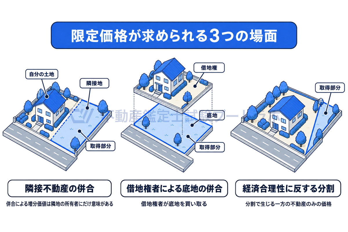 限定価格が求められる3つの場面を、斜め上から見た線画で並べた図。隣接不動産の併合では隣地、借地権者による底地の併合では底地、経済合理性に反する分割では切り出す一部を取得部分として示し、市場が特定の当事者に限られることを表す。