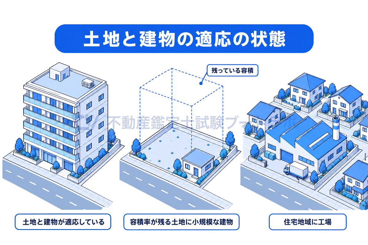 建物及びその敷地の個別的要因のうち土地と建物の適応の状態を、敷地に見合った建物が建つ例、容積率が十分に残っている土地に小規模な建物しか建っていない例、住宅地域に工場が建っている例の3つの等角図で比べた図。