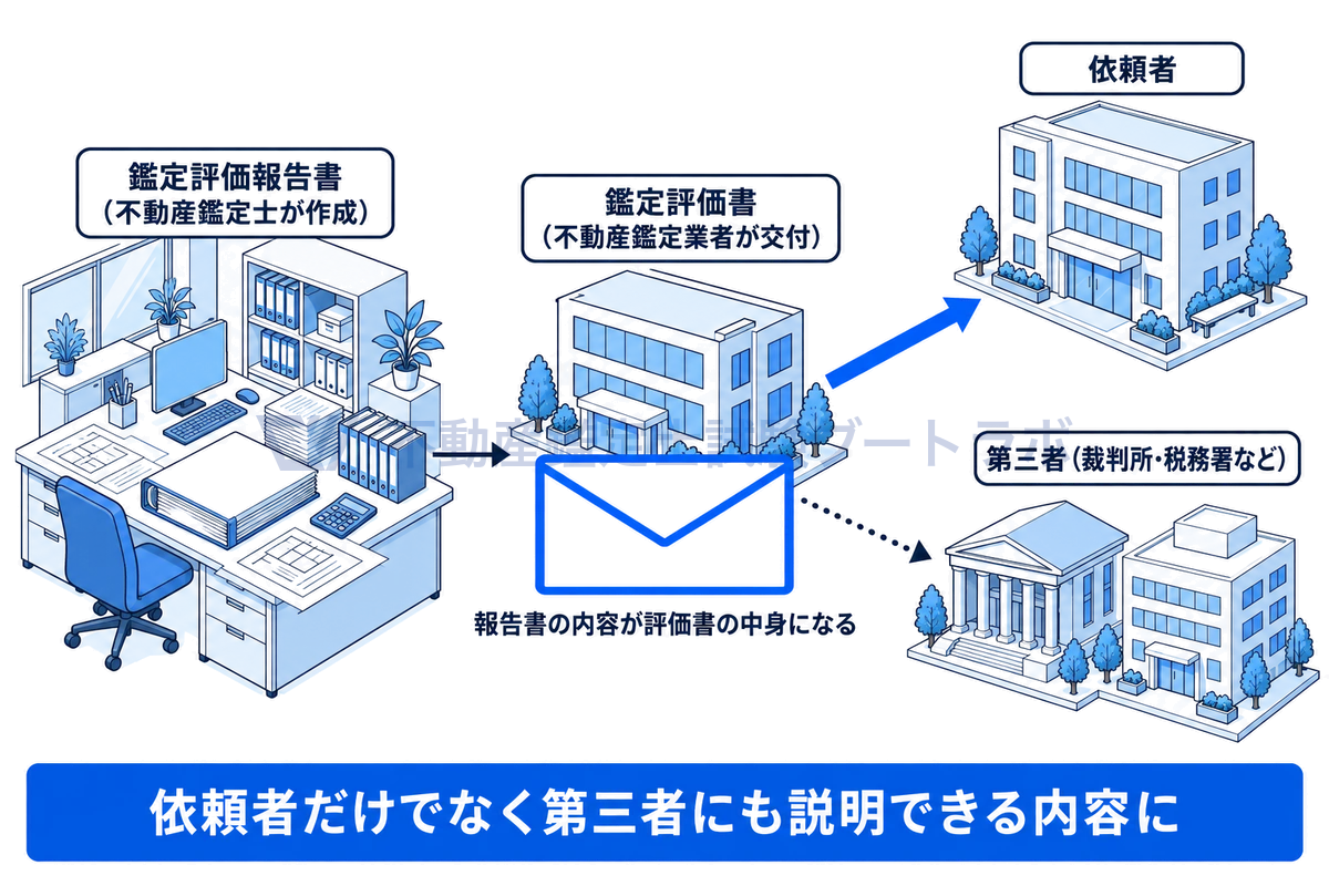 鑑定評価報告書が使われる流れを示す図。不動産鑑定士が作成した報告書の内容が鑑定業者の交付する鑑定評価書の実質となり、依頼者だけでなく裁判所や税務署などの第三者にも届くことを、事務所と建物の情景で示している。