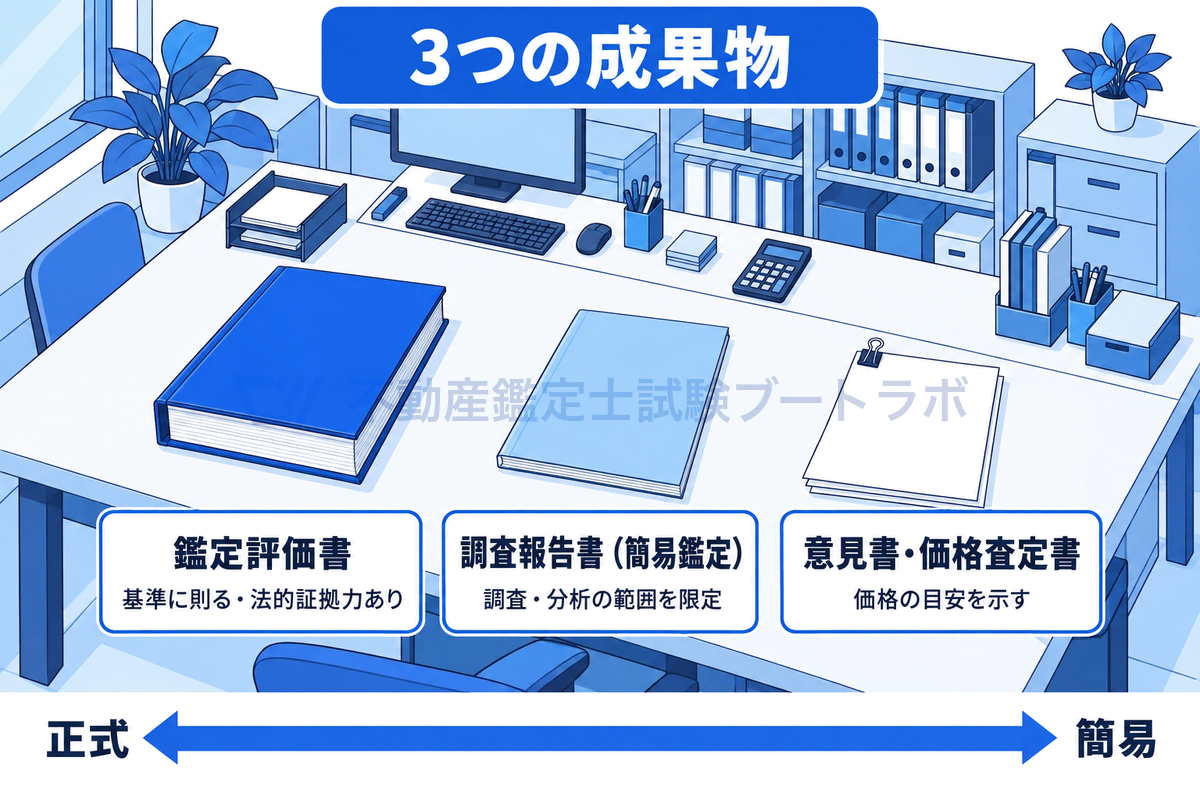 不動産鑑定の3つの成果物を事務机の上に並べた図。基準に則って作られ法的証拠力をもつ鑑定評価書、調査・分析の範囲を限定した調査報告書、価格の目安を示す意見書・価格査定書を、厚い冊子から薄い書類へと正式から簡易の順に並べている。