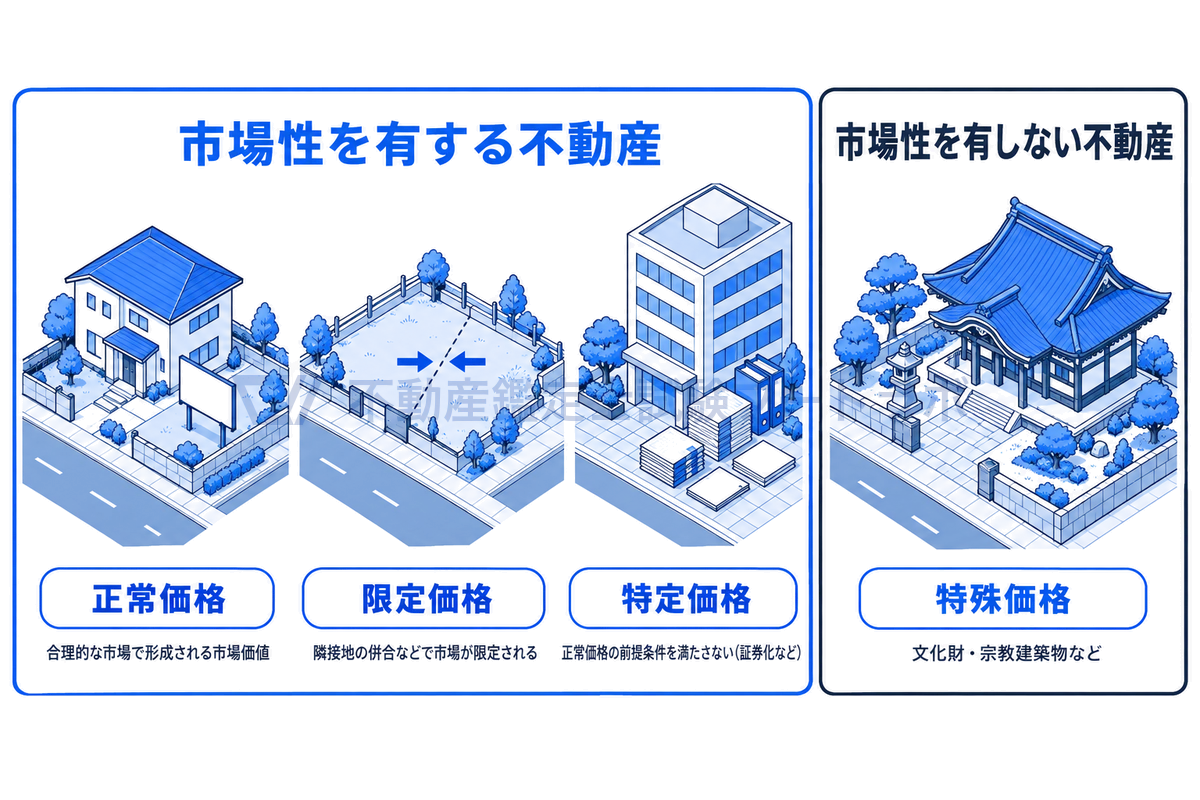 鑑定評価基準の4つの価格の種類を、市場性の有無で分けて整理した図。市場性を有する不動産には正常価格、隣接地の併合などで市場が限定される限定価格、正常価格の前提条件を満たさない特定価格があり、市場性を有しない不動産には特殊価格がある。