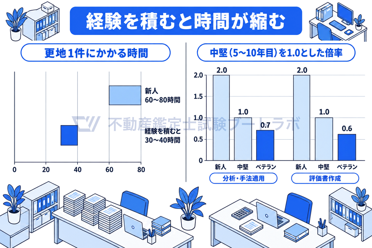 左に更地1件にかかる時間を、新人の60〜80時間と経験を積んだ後の30〜40時間の帯で比べ、右に分析・手法適用と評価書作成の時間を中堅を1.0とした倍率で、新人2.0、ベテラン0.7と0.6の棒で数値どおりに並べた図。