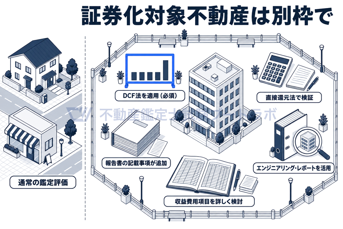証券化対象不動産の鑑定評価の特別なルールを示す図。通常の街から区切った別枠の広場にオフィスビルを置き、DCF法の適用、直接還元法による検証、エンジニアリング・レポートの活用、収益費用項目の詳細な検討、報告書の記載事項の追加を小物で示している。