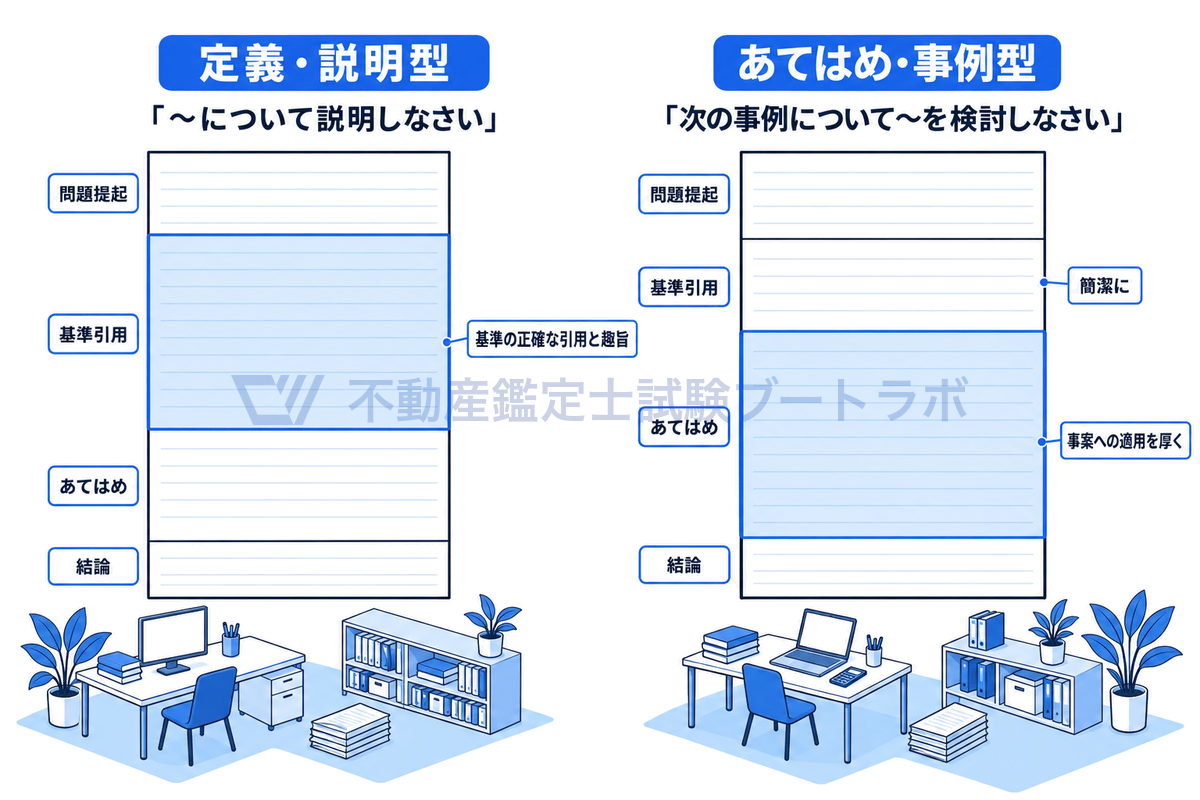 定義・説明型とあてはめ・事例型の答案用紙を並べ、問題提起・基準引用・あてはめ・結論の4区画の厚みを比べた図。定義・説明型は基準の正確な引用と趣旨を厚くし、事例型は基準引用を簡潔にして事案への適用を厚く書く。