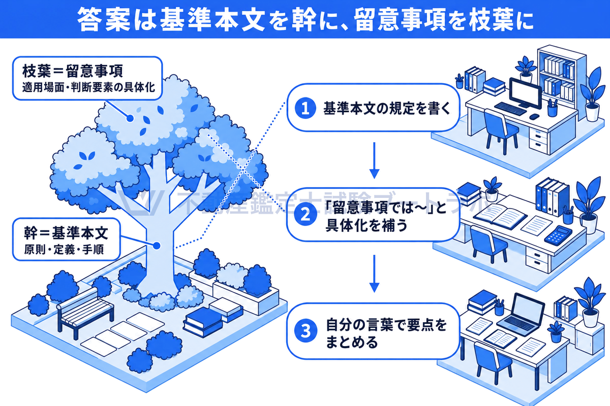 1本の樹木の幹を基準本文、枝葉を留意事項に見立てた線画と、基準本文の規定を書く、留意事項で具体化を補う、自分の言葉で要点をまとめるという答案の3つの順序を並べた図。
