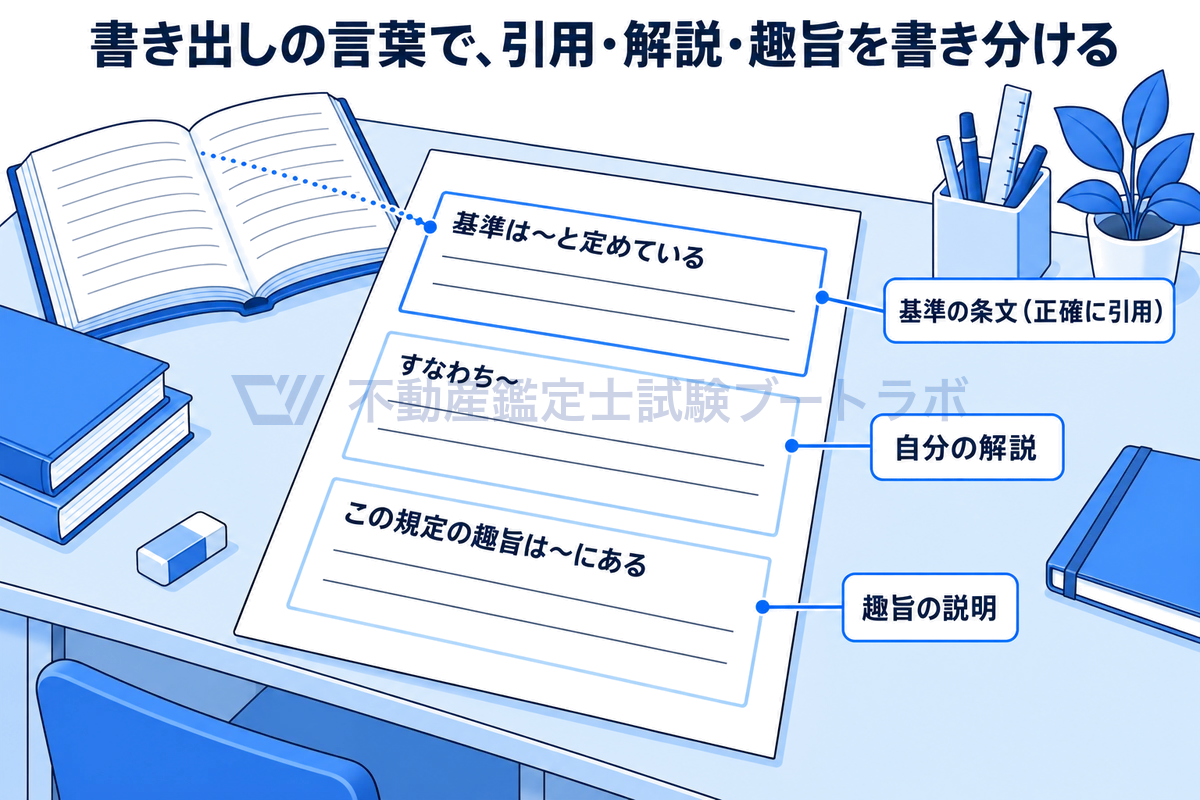 答案用紙の中で基準の引用、自分の解説、趣旨の説明を書き分けた図。「基準は〜と定めている」で条文を正確に引用し、「すなわち〜」で自分の言葉で解説し、「この規定の趣旨は〜にある」で理由を補う3段の流れを示す。