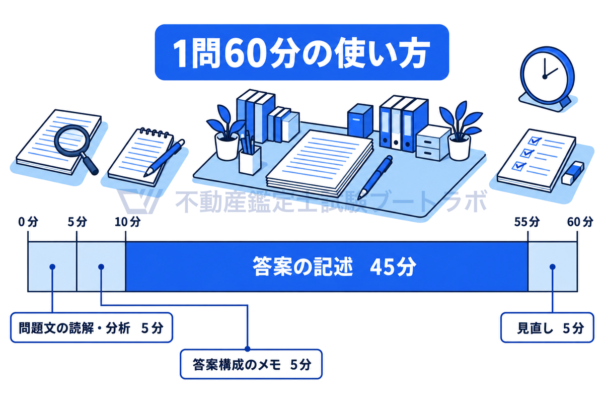 1問60分の時間配分を帯グラフで示した図。問題文の読解・分析5分、答案構成のメモ5分、答案の記述45分、見直し5分で、記述の前に合わせて10分を読解と構成に使うことを、時間の長さどおりの比率で示す。