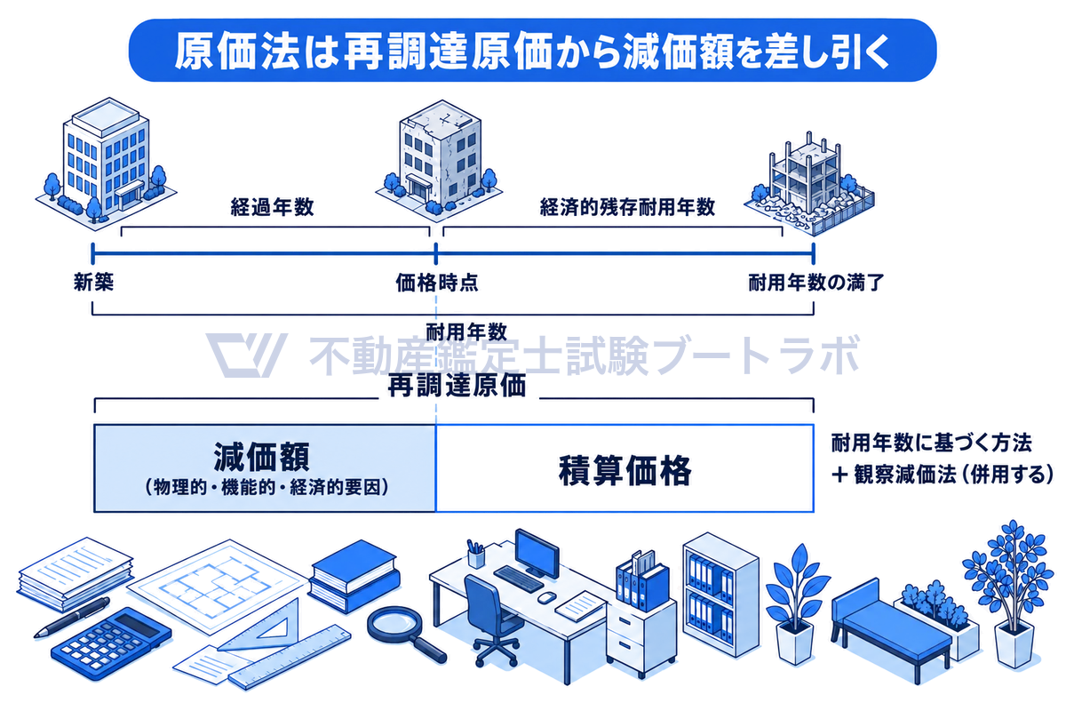 建物の新築から価格時点までの経過年数と残りの経済的残存耐用年数を時間軸で示し、その比率に合わせて再調達原価の帯を減価額と積算価格に分けた図。減価額には物理的・機能的・経済的要因があり、耐用年数に基づく方法と観察減価法を併用する。