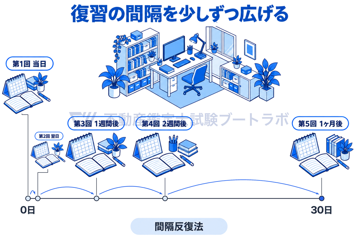 学習した当日、翌日、1週間後、2週間後、1か月後の5回の復習を、日数どおりの間隔で時間軸に並べ、復習の間隔が少しずつ広がる間隔反復法の考え方を示した図。日付の間隔は日数どおり。