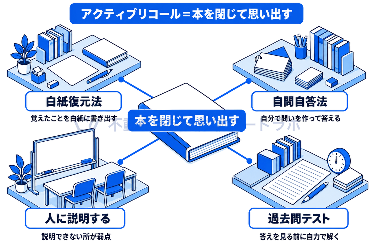 本を閉じて思い出すアクティブリコールの4つのやり方（白紙復元法、自問自答法、人に説明する、過去問テスト）を、白紙とペン、問いのカード、ホワイトボード、答案用紙とタイマーのある4つの机で描いた図。