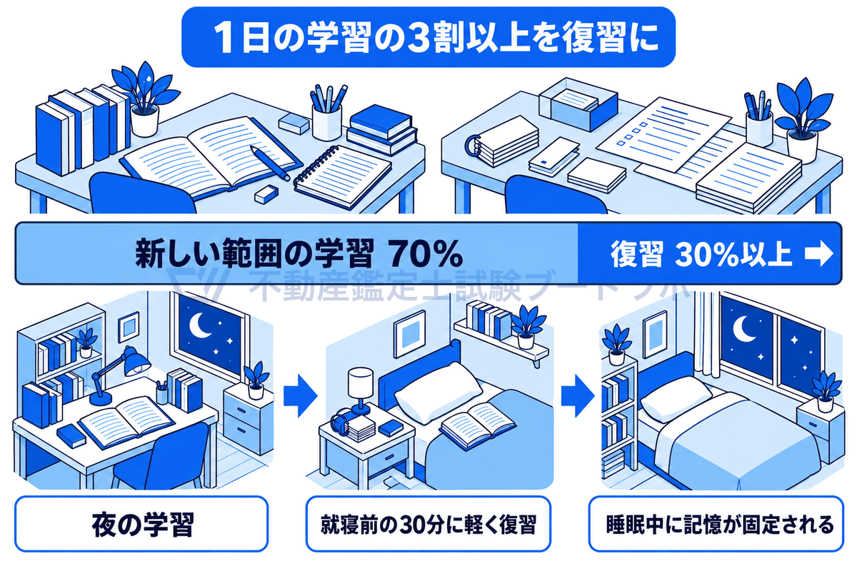 1日の学習時間を横帯で示し、新しい範囲の学習と、最低30%を充てる復習の割合を数値どおりに分け、就寝前に軽く復習してから眠ることで記憶の固定化につなげる流れを描いた図。