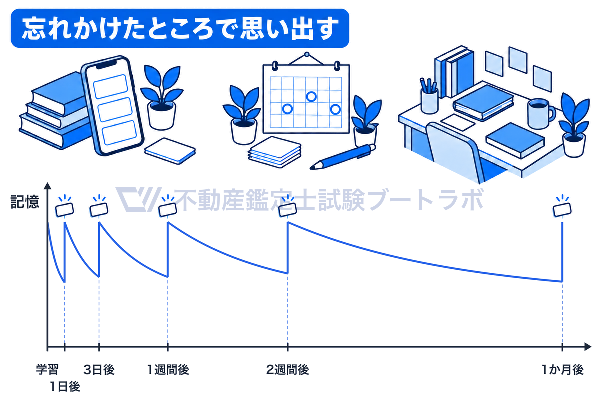 学習日から1か月後までの時間軸の上に、1日後・3日後・1週間後・2週間後・1か月後の復習の時点を日数どおりの間隔で置き、復習のたびに記憶が戻り、次第に薄れ方がゆるやかになる様子を示した間隔反復の図。